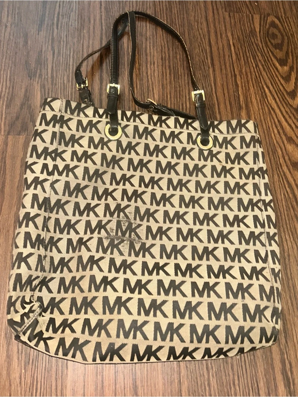 Michael Kors Brown and Beige MK Logo Tote with Black Straps, used